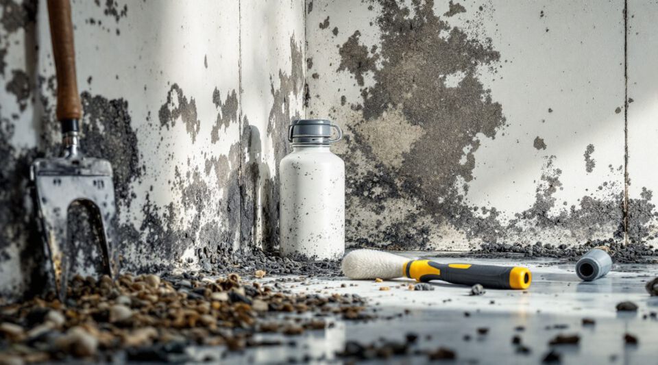 Mold remediation technician inspecting a wall with visible mold growth in a San Antonio home.
