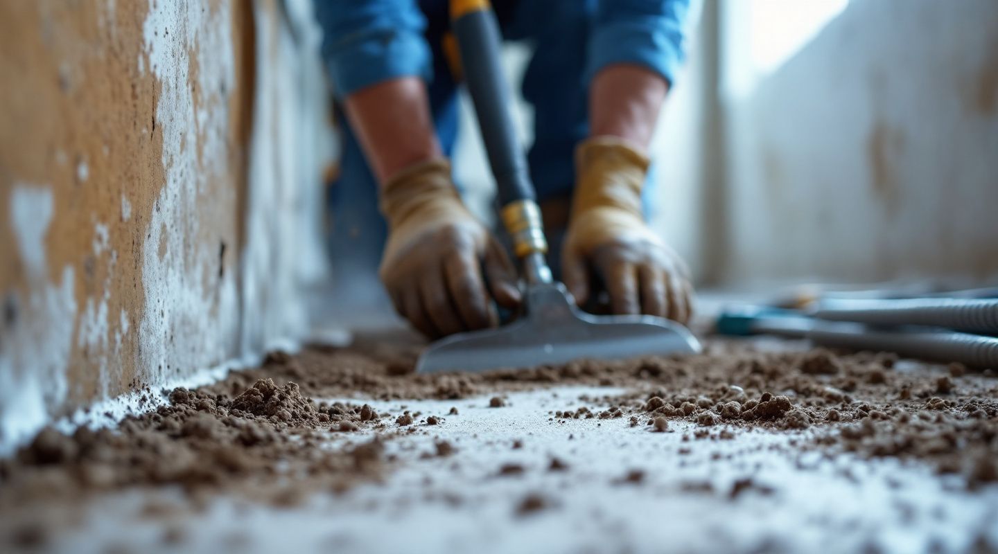 IICRC-certified technician in full PPE inspecting a damp crawl space for mold growth