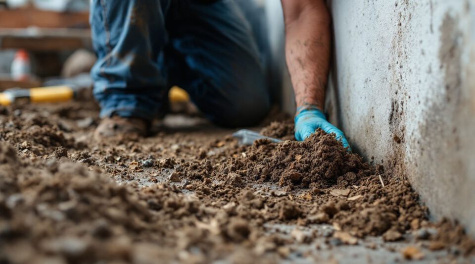 Professional technician inspecting a dark, damp crawl space for mold growth