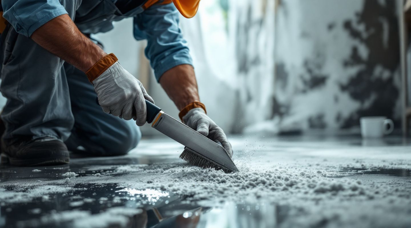 Mold remediation technician in full PPE inspecting a wall for mold growth