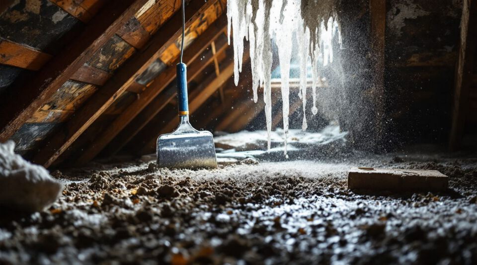 Attic space with visible mold growth on wooden beams and insulation, showing the need for remediation