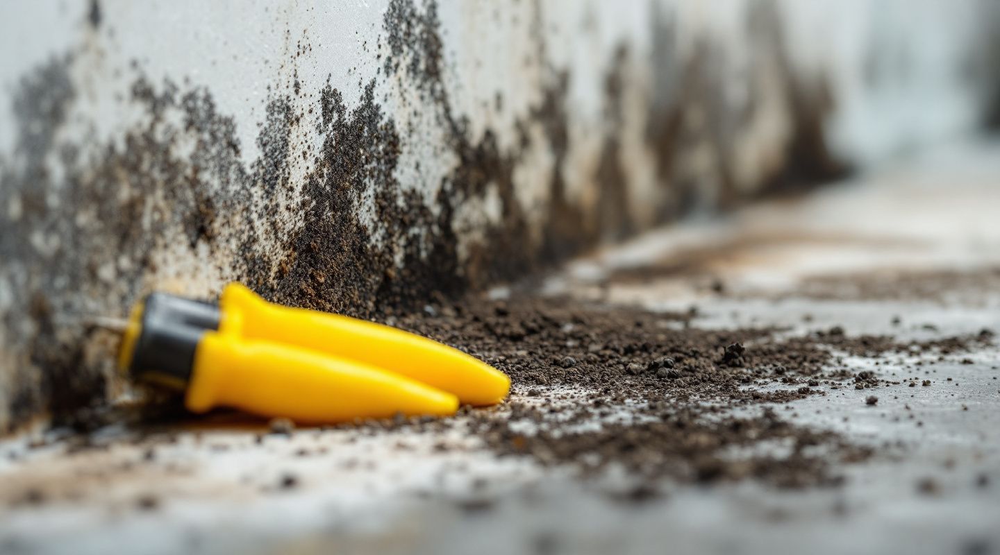 Professional inspecting black mold growth on a wall with specialized equipment