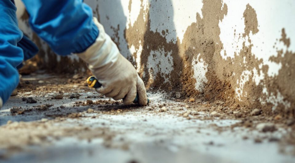 Certified mold remediation technician in full protective gear inspecting a mold-infested wall cavity