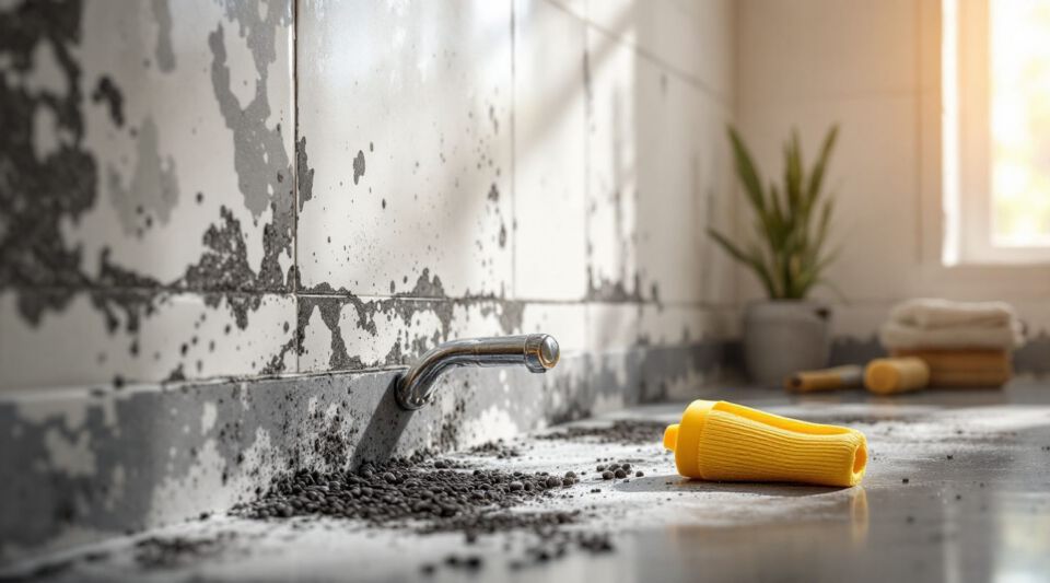 Bathroom with visible black mold growth on ceiling and shower grout