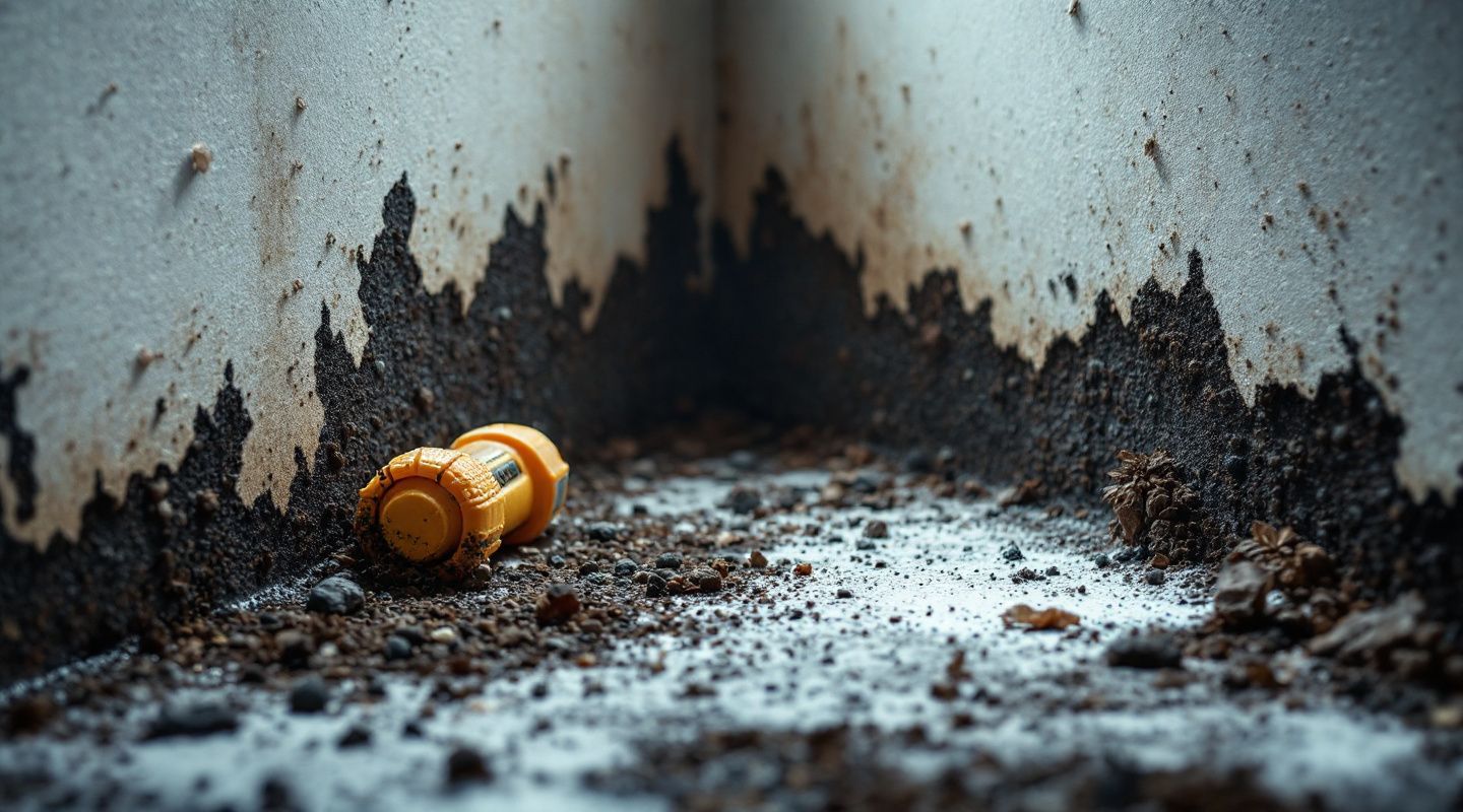 Close-up of black mold growing on a damp wall, highlighting the urgent need for remediation.