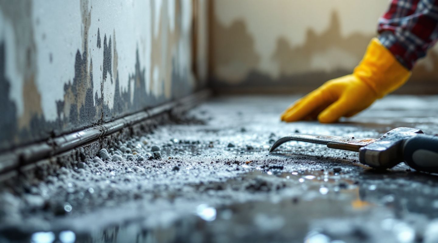Mold remediation technicians in full PPE assessing severe mold growth in a water-damaged San Antonio property