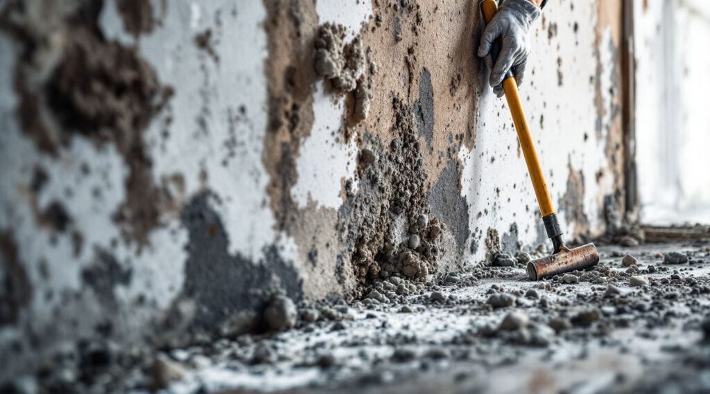 Certified mold inspector examining a wall with visible mold growth in a Lytle home.