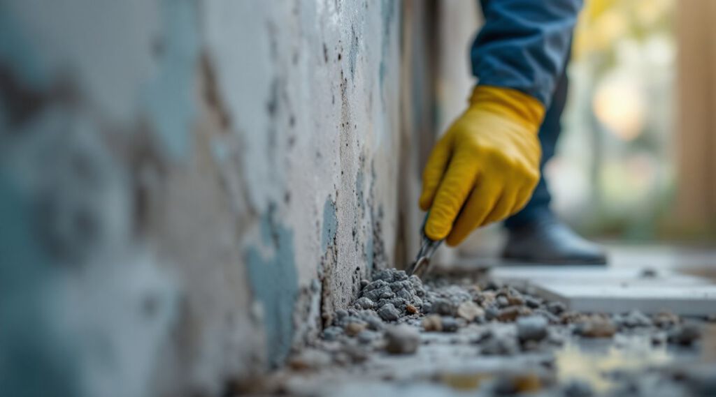 Certified mold remediation technician in a hazmat suit inspecting a mold-affected wall