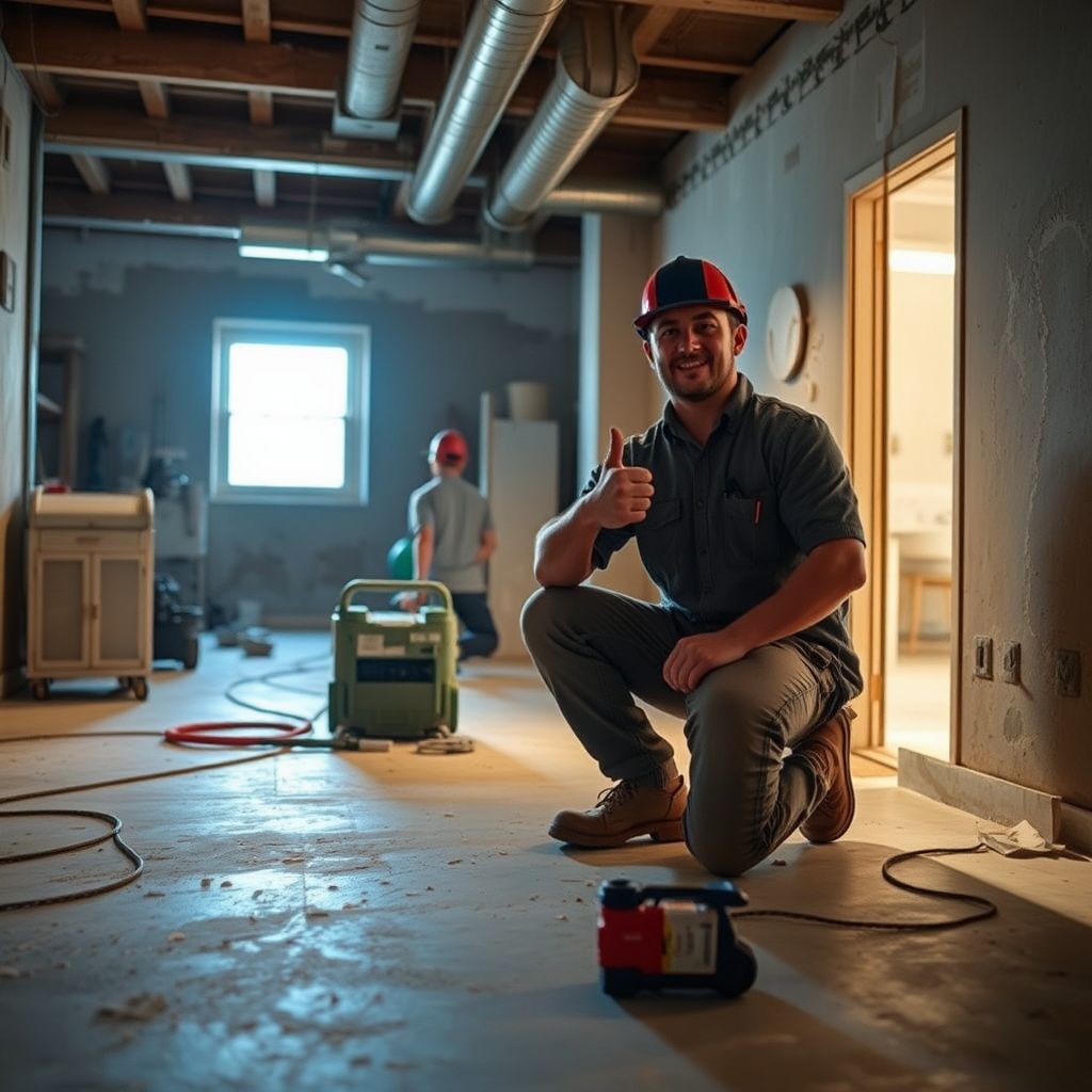 Certified mold remediation technician in full PPE inspecting a damp wall with a moisture meter in a Kirby, Texas home.