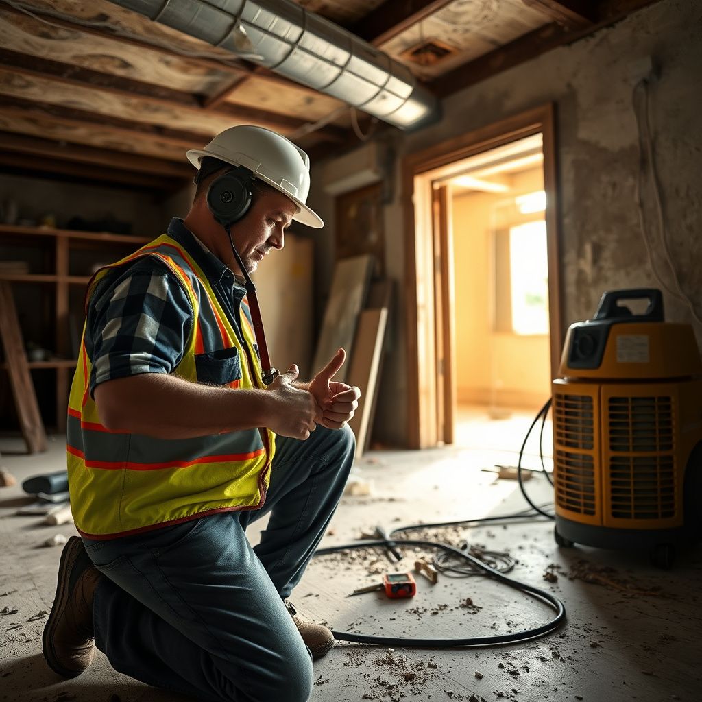 IICRC certified mold remediation technician inspecting a damp wall in a Floresville basement with a moisture meter.