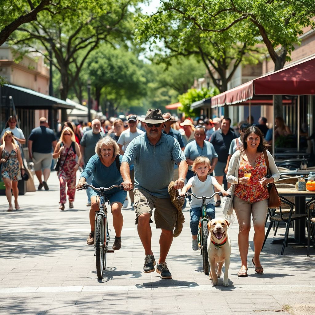 Historic downtown Seguin street scene with well-preserved limestone buildings and mature pecan trees under a clear Texas sky.
