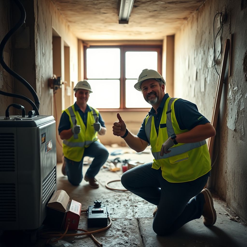 A North Peak Mold Removal technician wearing a respirator and protective gear, carefully removing mold-damaged drywall in a Schertz residential basement.