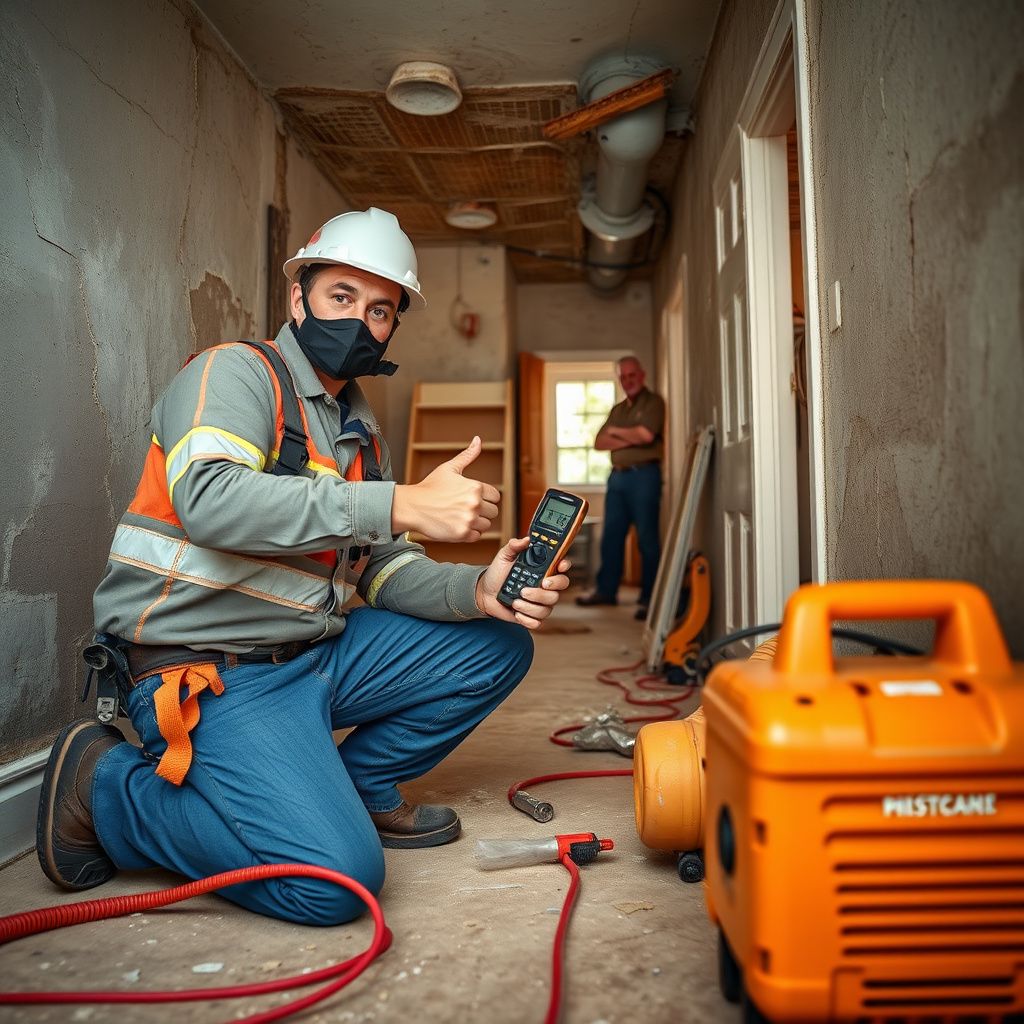 A North Peak Mold Removal technician discussing a remediation plan with a Helotes homeowner, pointing to a moisture meter reading.
