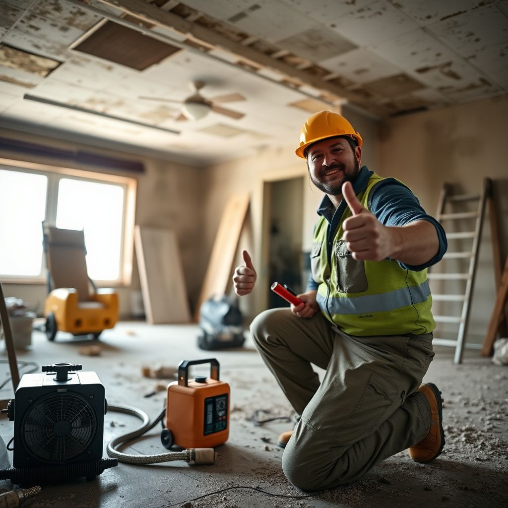 A certified North Peak Mold Removal technician explaining the remediation process to a homeowner in a Lytle, Texas living room.