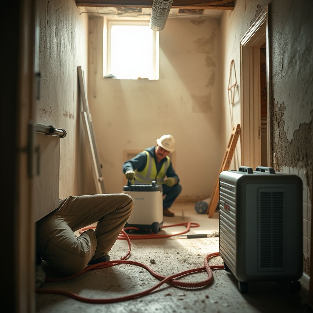 A North Peak Mold Removal technician using an air scrubber to improve air quality during a mold remediation project in a Selma, Texas residential basement.