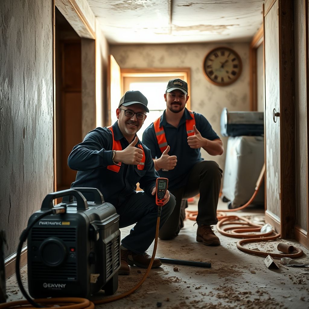 A trained mold remediation specialist in full protective gear carefully inspecting a wall cavity in a Seguin residential property.